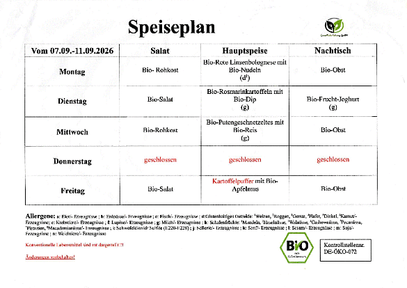 Auf dem Mensaplan werden die Gerichte für die KW37 aufgeführt. 